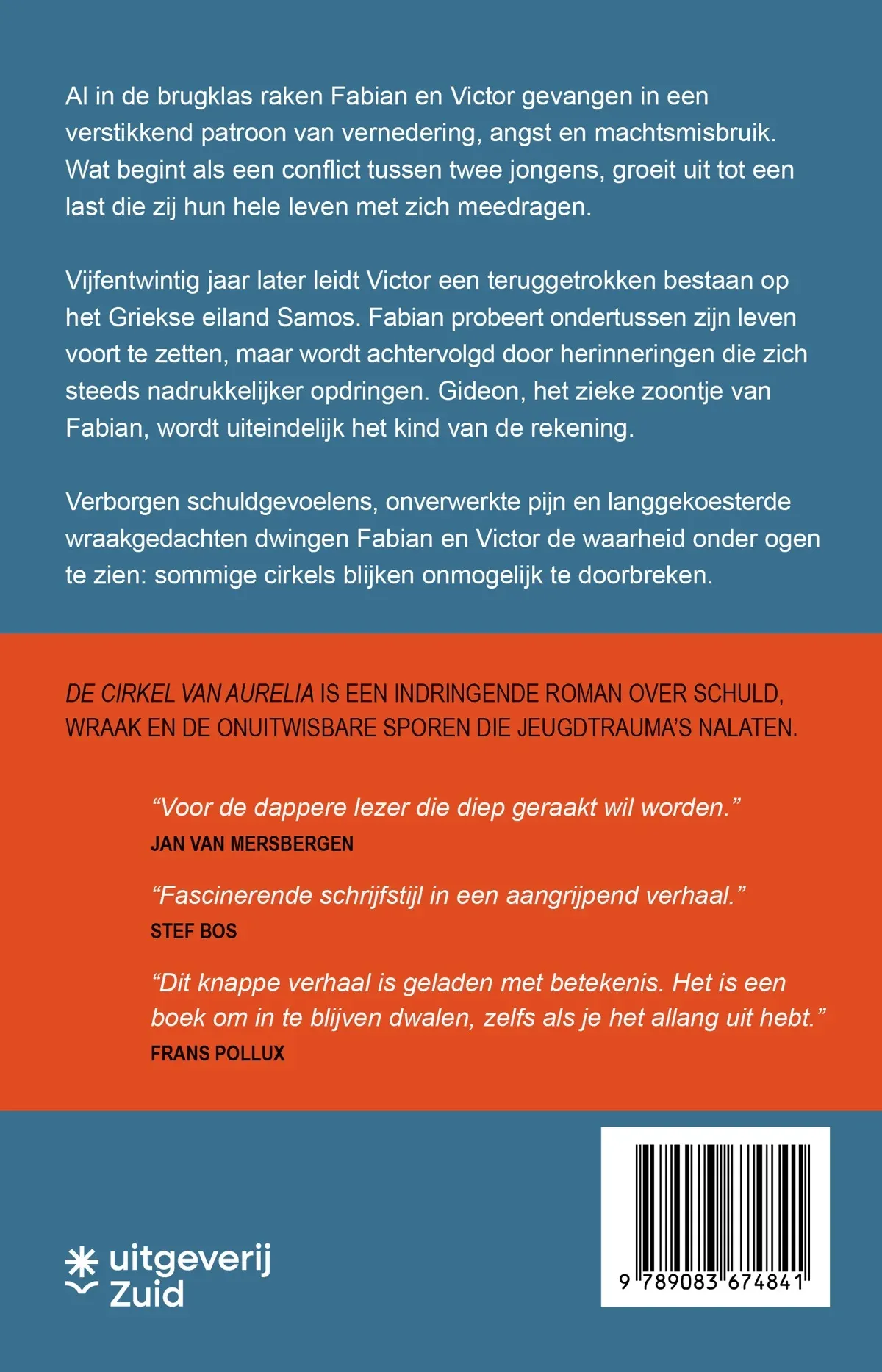 De cirkel van Aurelia — achterkant Achterkant van De cirkel van Aurelia met flaptekst en quotes van Jan van Mersbergen, Stef Bos en Frans Pollux