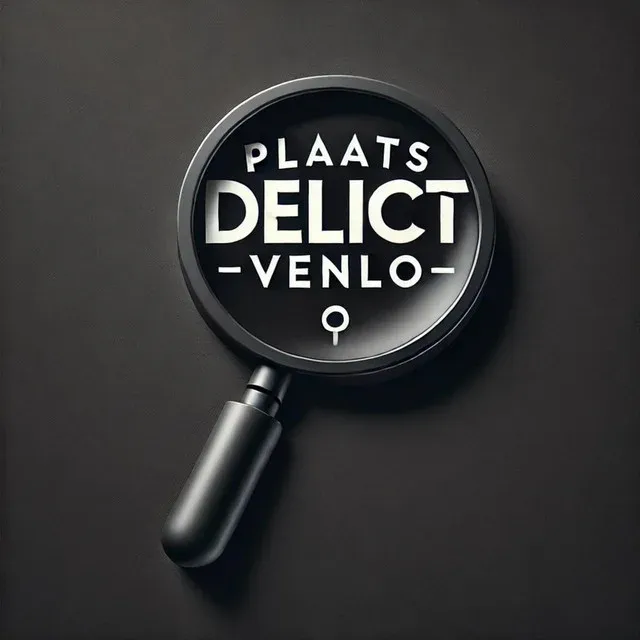 Podcast Plaats Delict Venlo Artwork van de podcast Plaats Delict Venlo: een vergrootglas met de titel erin